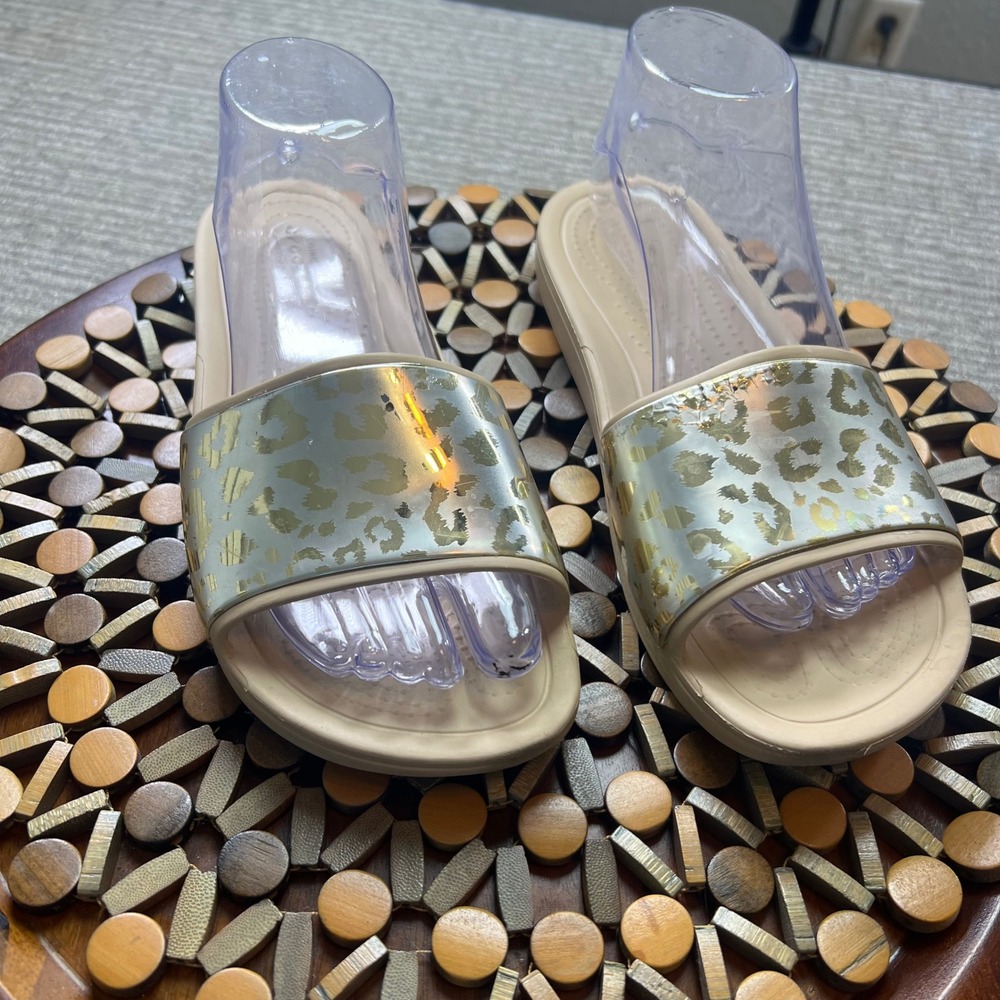 Crocs Sloan Graphic Slides Sandals Metallic Gold Leopard Print Gold Beige Size 8